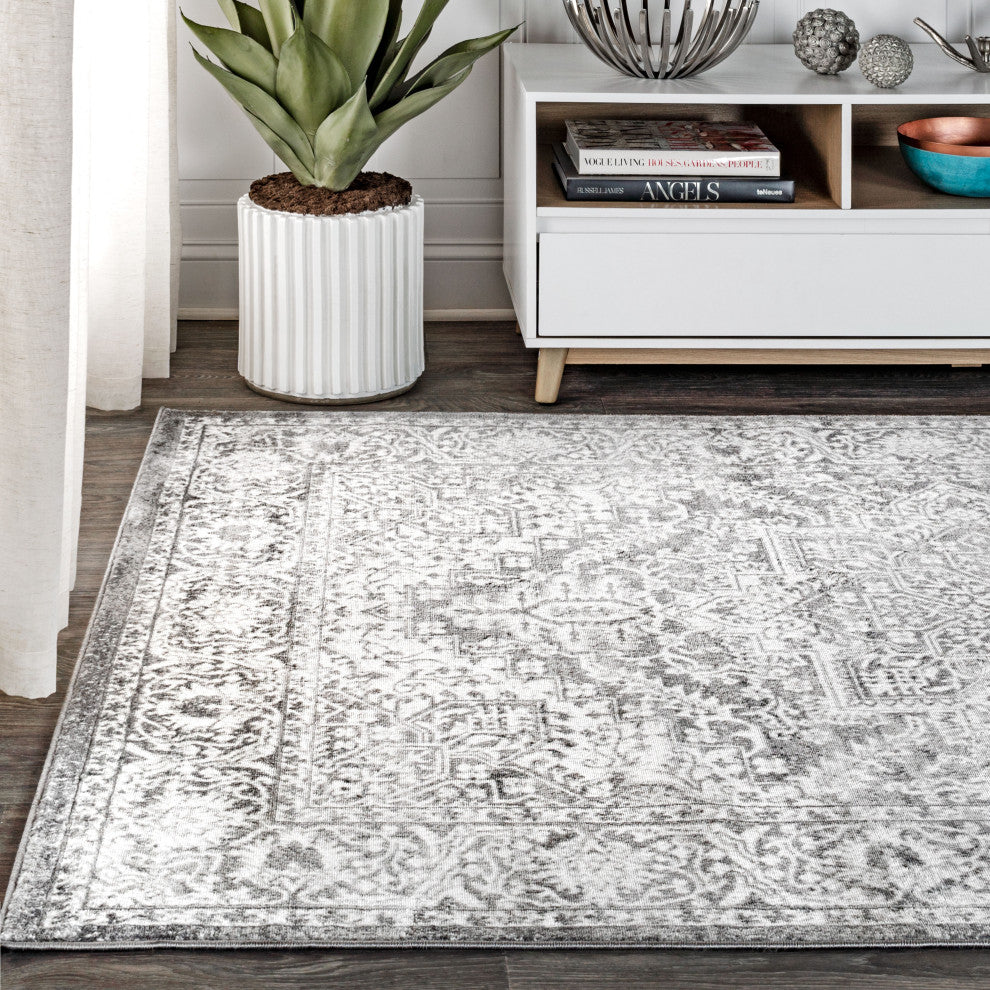 Modern Persian Vintage Medallion Light Grey 5' x 8' Area Rug