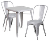Metal Indoor-Outdoor Table Set With 2 Stack Chairs, Silver, 27.75"x27.75"x29"