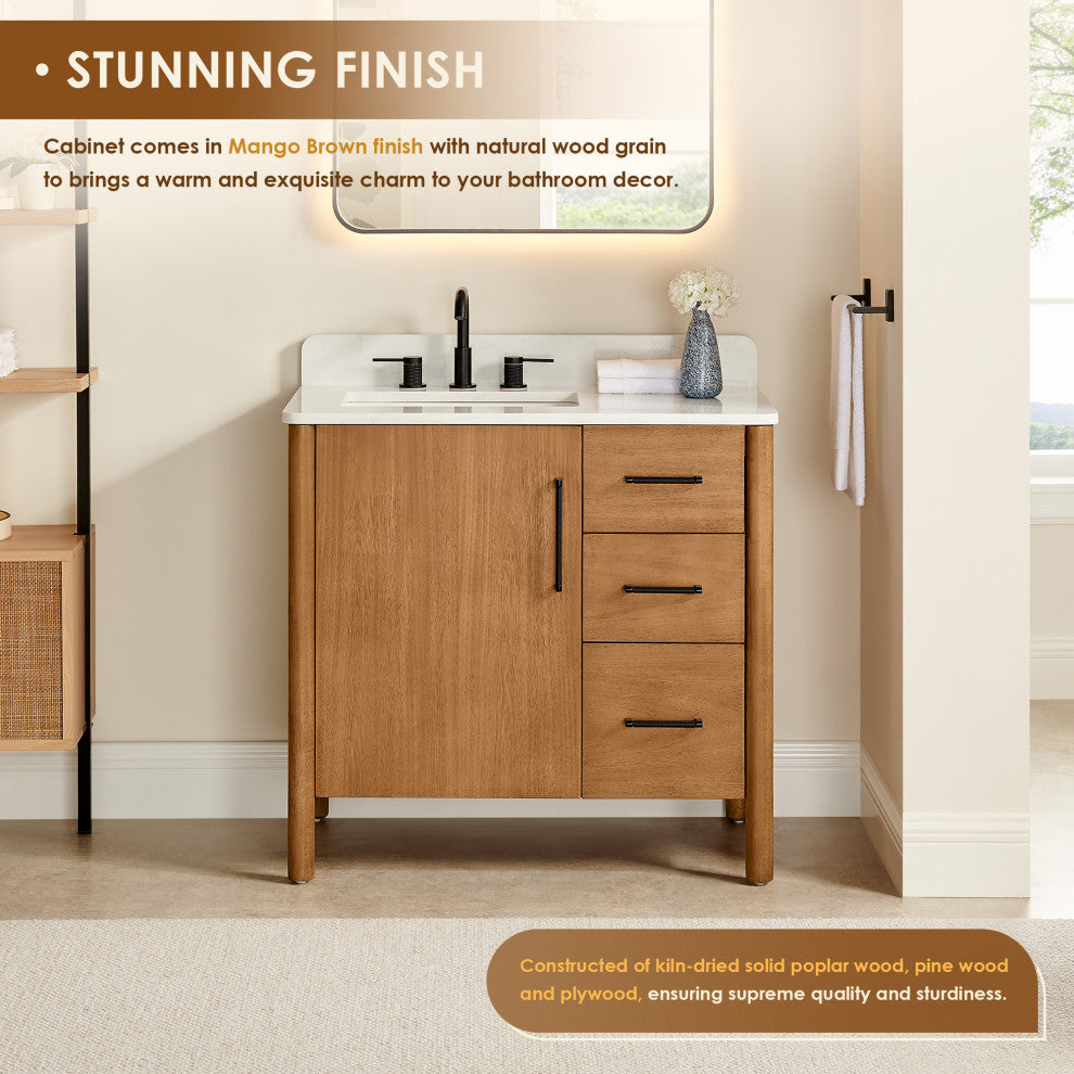 Velora Bathroom Vanity, Mango Brown, 36", With Mirror