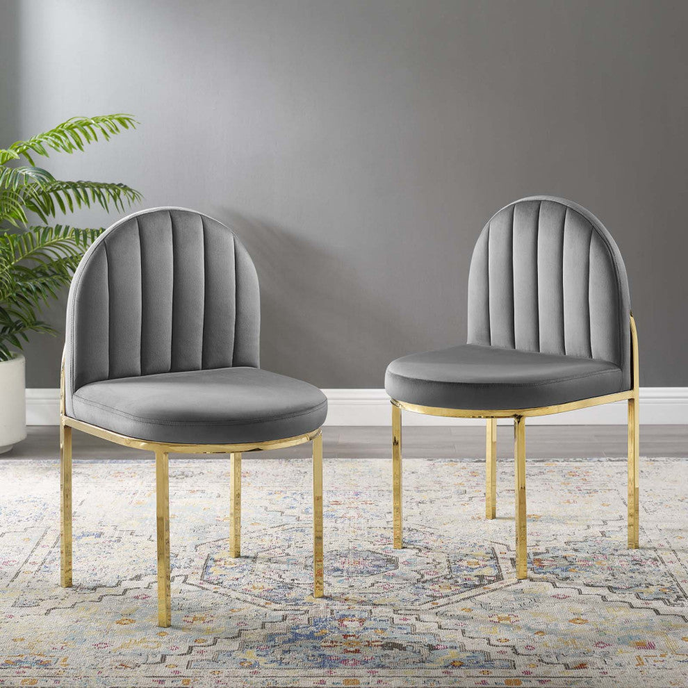 Side Dining Chair, Set of 2, Velvet, Gold Gray, Modern, Bistro Restaurant