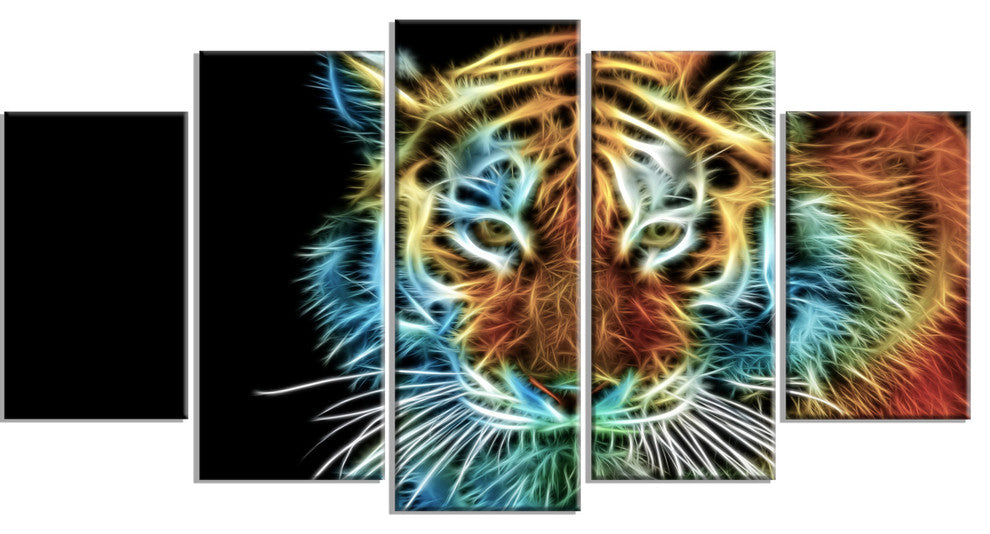 Illuminating Tiger Head View, Contemporary Animal Art Canvas, 60"x32", 5 Panels