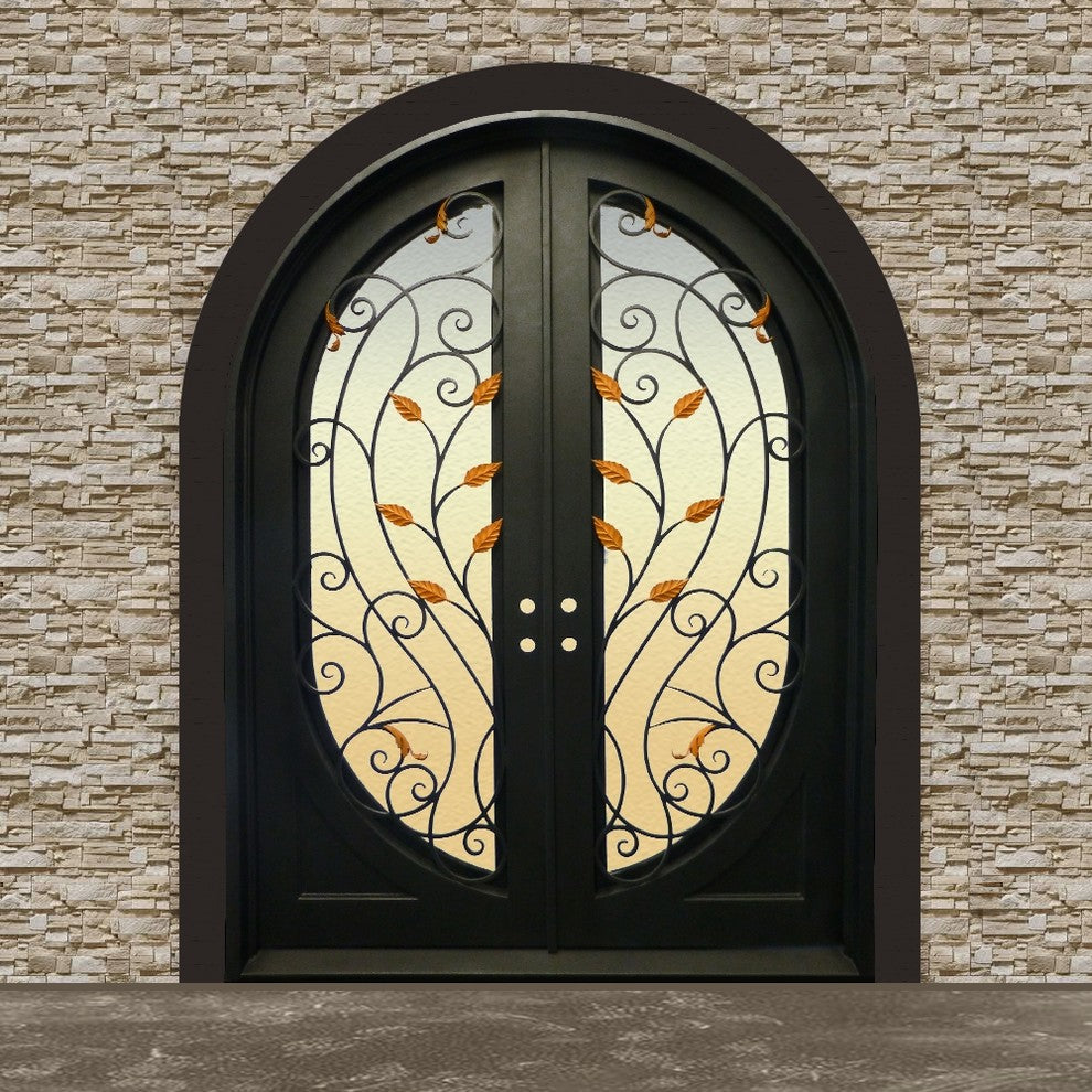Round Top Gold Leaf Dual Door With Frame and Threshold 72"x96", Matte Black