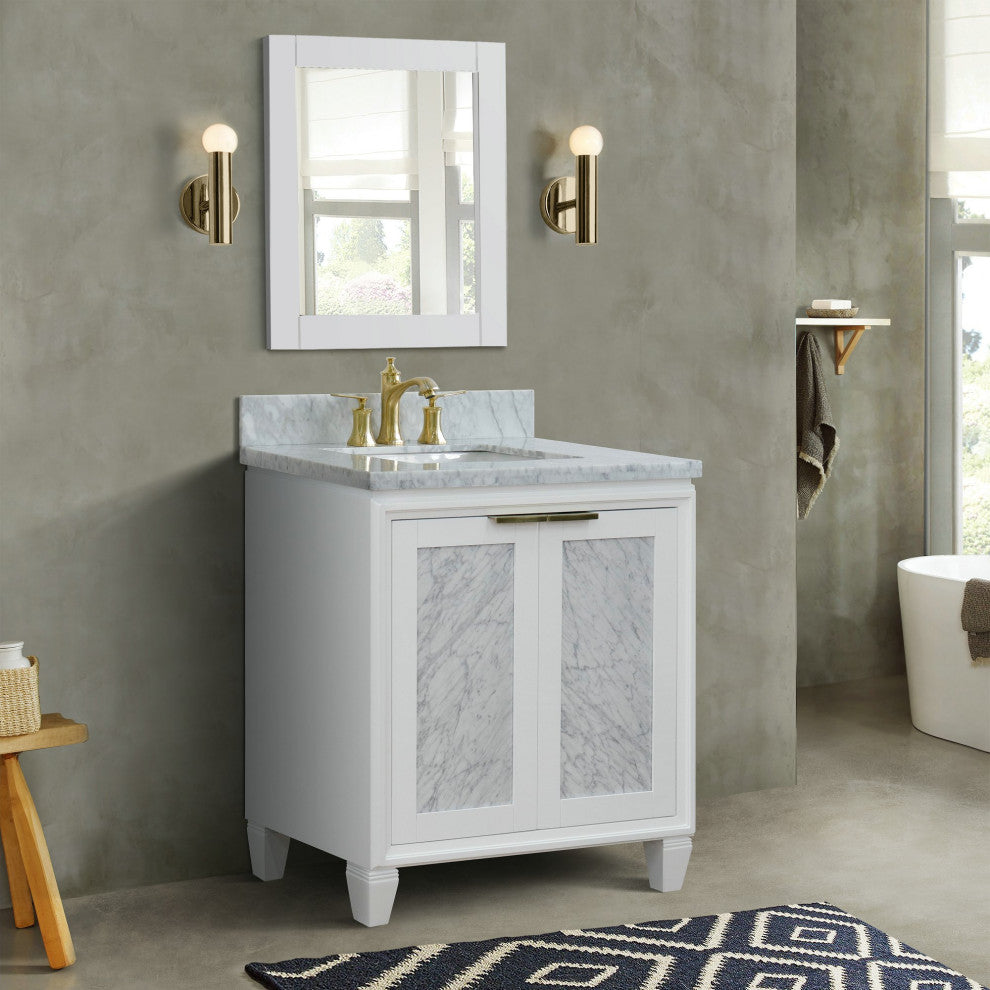 31" Single Sink Vanity, White Finish With White Carrara Marble