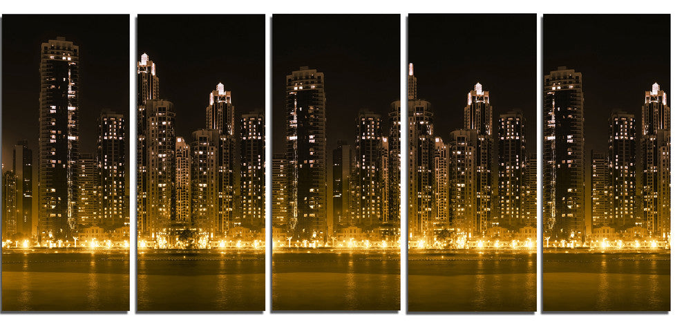 "Modern City With Illuminated Skyscrapers" Wall Art, 60"x28", 5-Panels