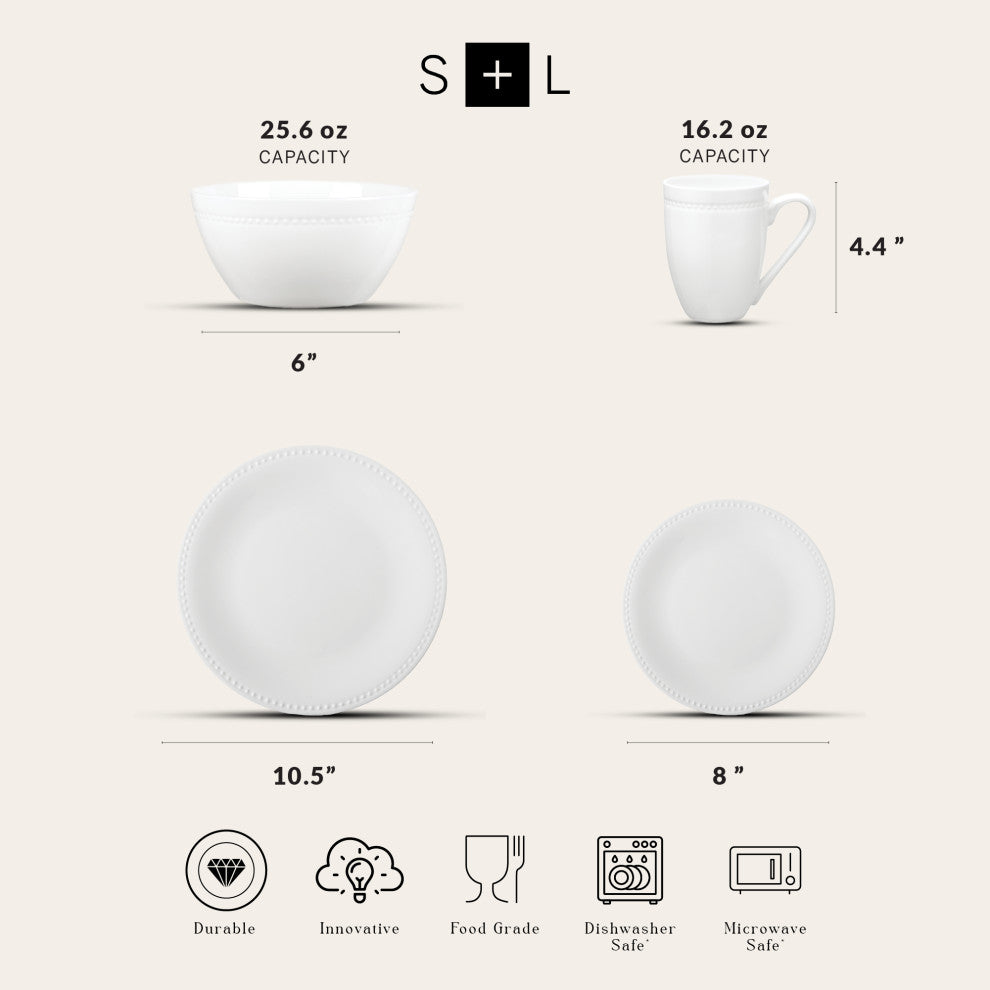 Stone Lain Ava Bone China 16 Piece Dinnerware Set, White
