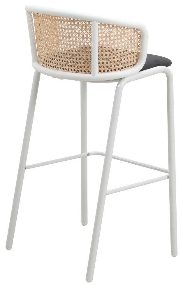 LeisureMod Ervilla Wicker Bar Stool With White Powder Coated Steel Frame, Black