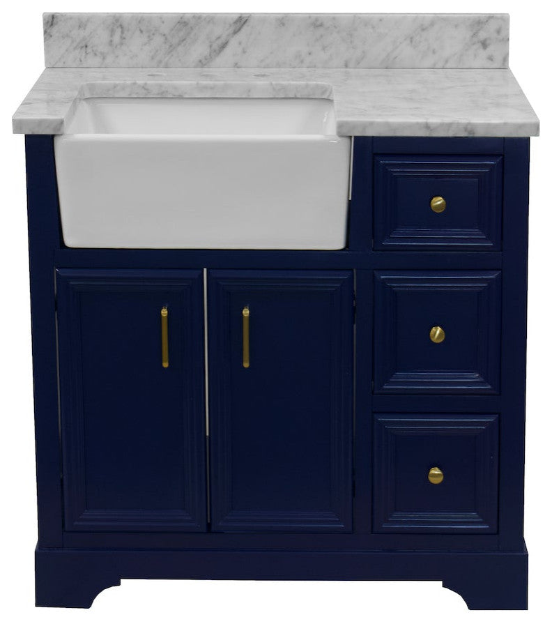 Zelda 36" Bathroom Vanity, Base: Royal Blue, Top: Carrara Marble