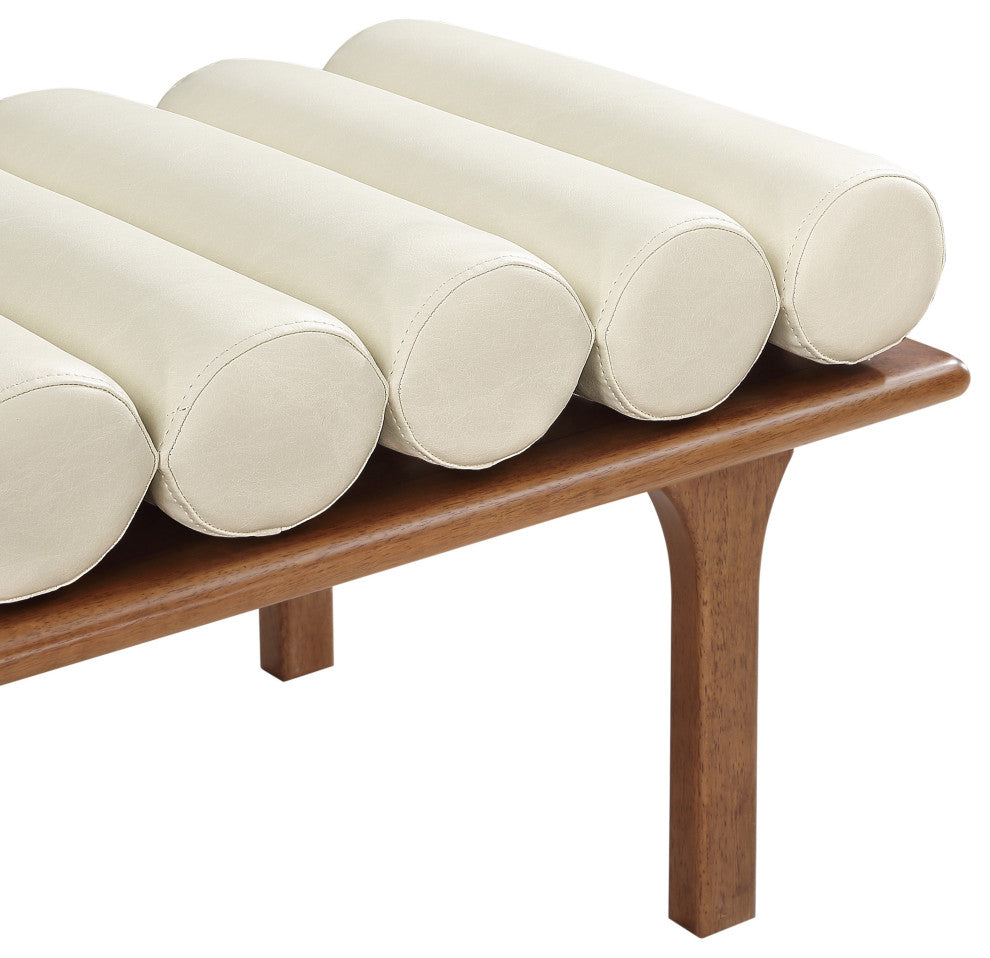 Landon Faux Leather Bench, Cream, Walnut Finish