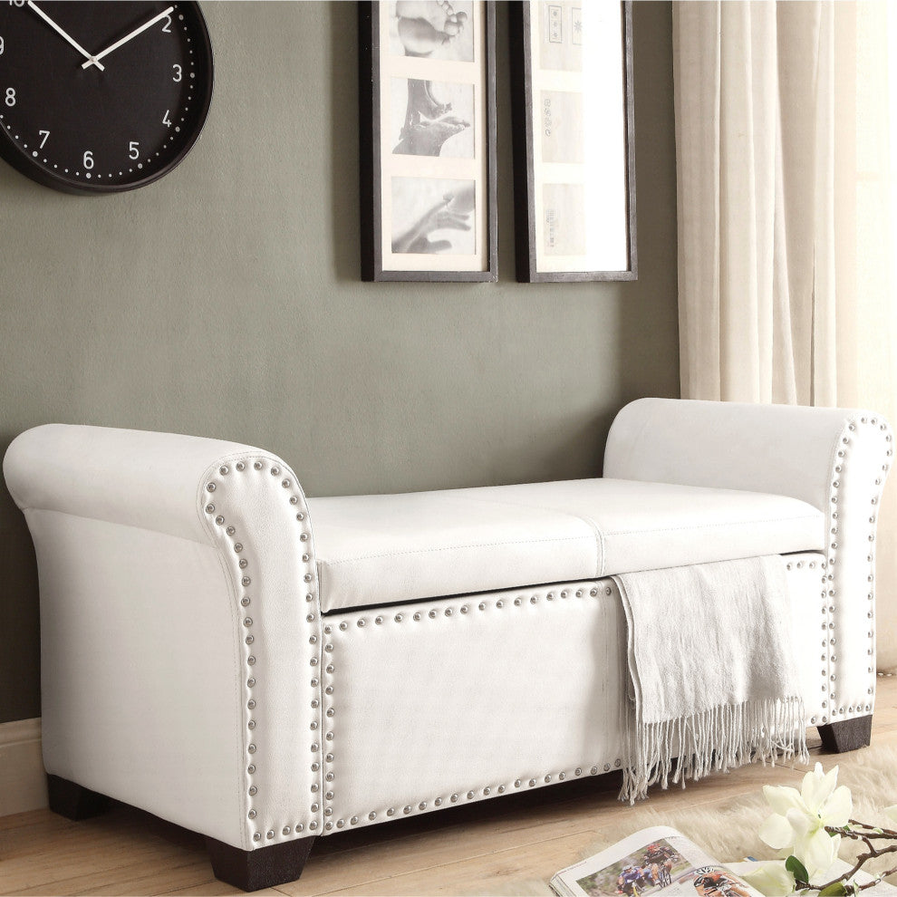 Veber PU Leather Nailhead Trim Storage Ottoman Bench, Ivory
