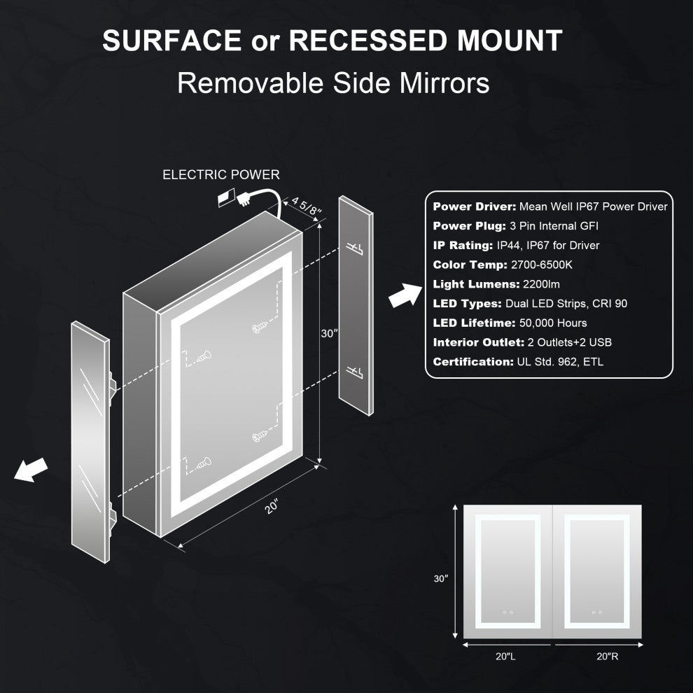 Recessed/Surface Mount LED Medicine Cabinet Mirror with Defogger, 20"x30" Right Hinge
