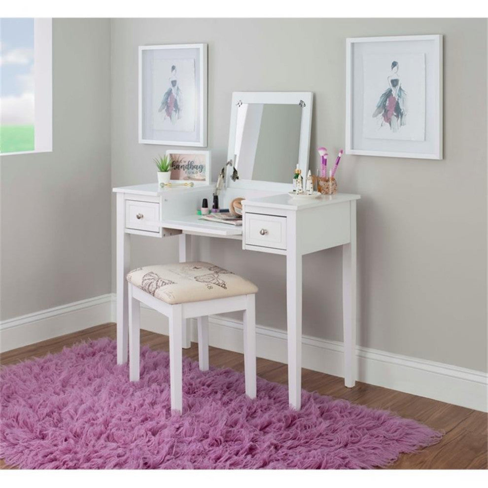 Linon Butterfly Wood Vanity & Padded Seat Stool Flip Up Mirror Storage in White