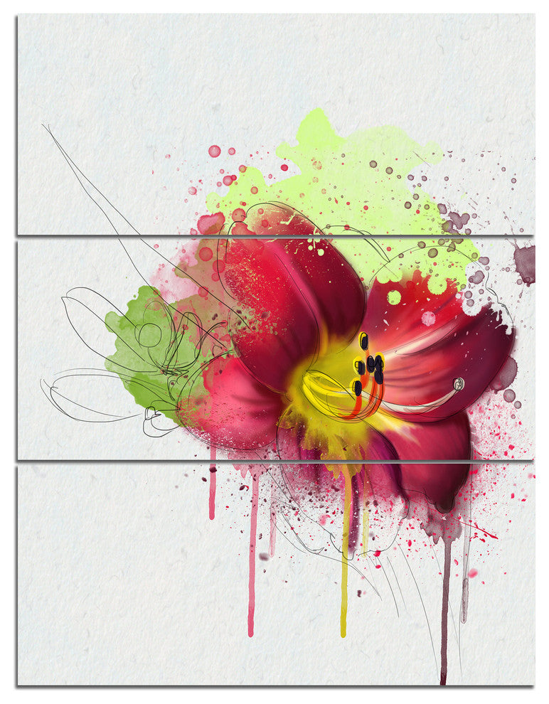Red Lily with Green Paint Splashes, Floral Triptych Canvas Art, 28x36, 3 Panels