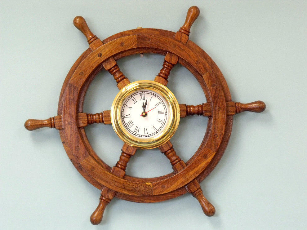 Wooden Ship Wheel Clock, 12"
