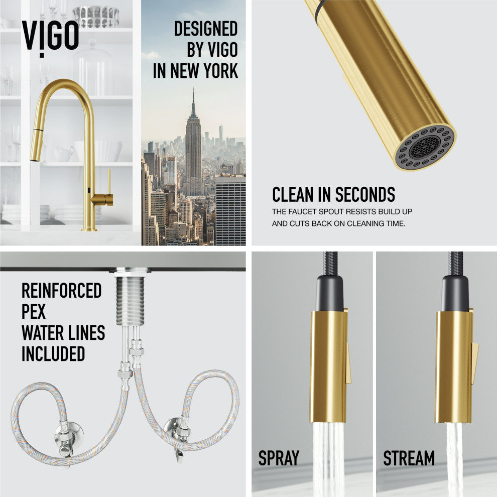 VIGO Greenwich 18" H Single Handle Pull-Down Sprayer Kitchen Faucet, Matte Brushed Gold, Touchless, Without Extras