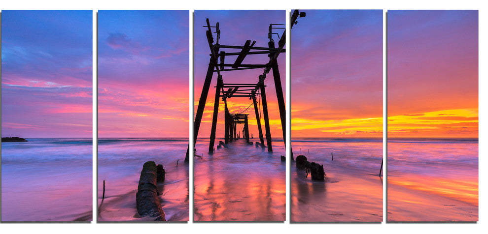 "Discarded Wooden Bridge At Sunset" Sea Pier Wall Art, 5 Panels, 60"x28"