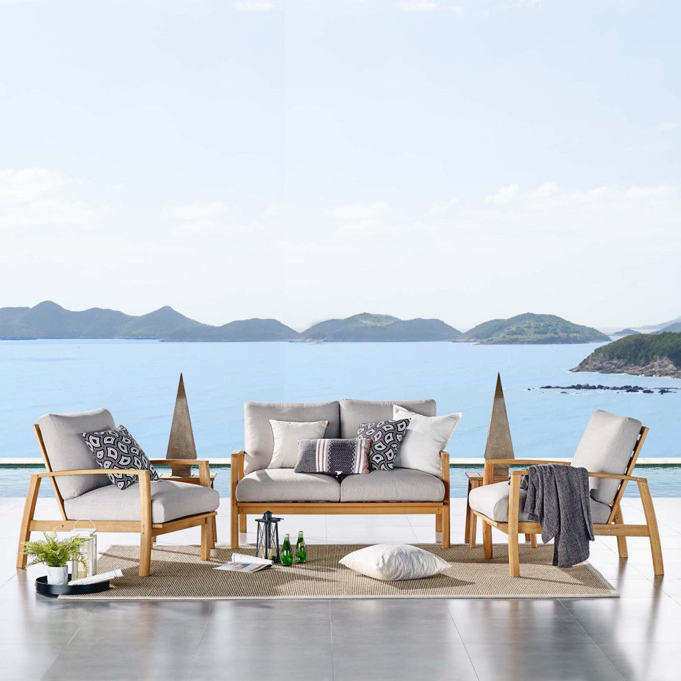 Lounge Sectional Sofa Chair Set, Wood, Brown Natural Gray, Modern, Outdoor