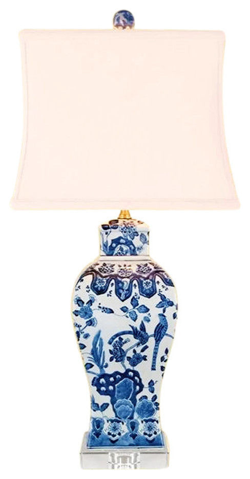 Chinese Blue and White Porcelain Temple Jar Bird Floral Motif Table Lamp 27.5"