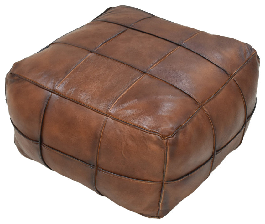 Pouf-Solid Handmade Leather Pouf (Recycled Foam with Fiber Fill), Brown, Square, 21x21x12