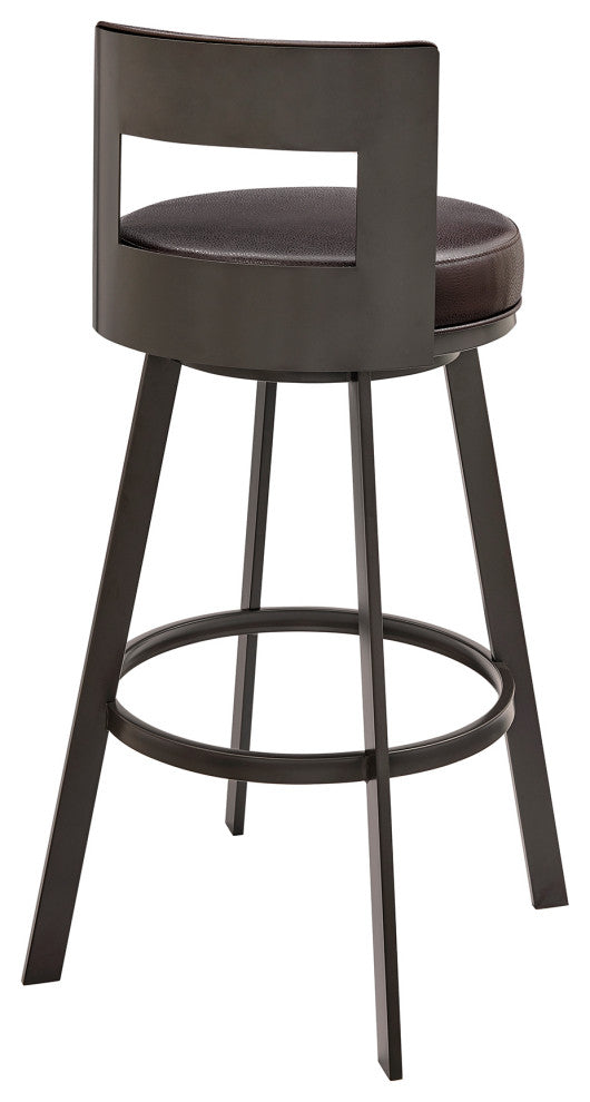 Lynof Swivel Bar Stool in Brown Metal with Brown Faux Leather