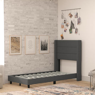 Hollis Upholstered Platform Bed with Wingback Headboard w/Mattress Foundation, Charcoal, Twin