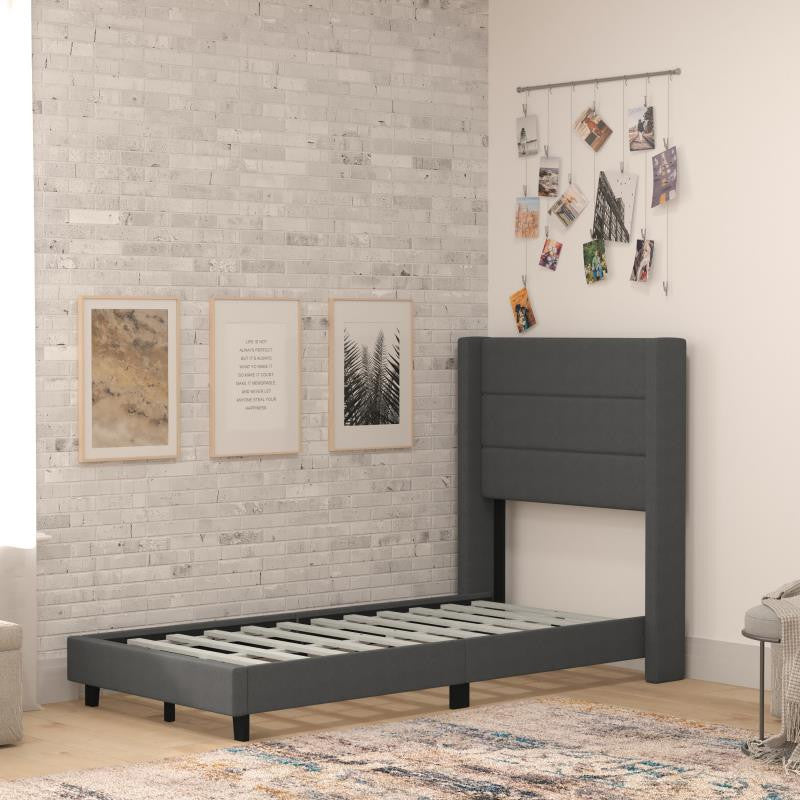 Hollis Upholstered Platform Bed with Wingback Headboard w/Mattress Foundation, Charcoal, Twin