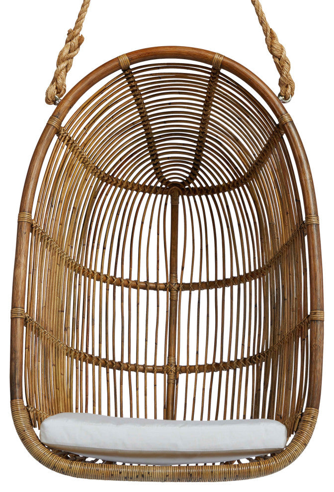 Renoir Rattan Hanging Swing Chair, Antique, Tempotest White Canvas Cushion