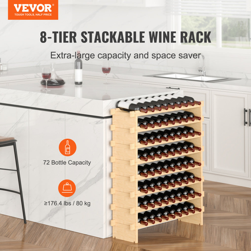 VEVOR Stackable Modular Wine Rack Bamboo Wood Display Shelf, 8 Tier, 72 Bottle