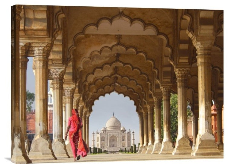 Woman in traditional Sari walking towards Taj Mahal, 24"x18"