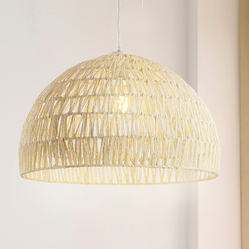 Campana 1-Light Bohemian Modern Woven Rattan/Iron LED Pendant, Cream