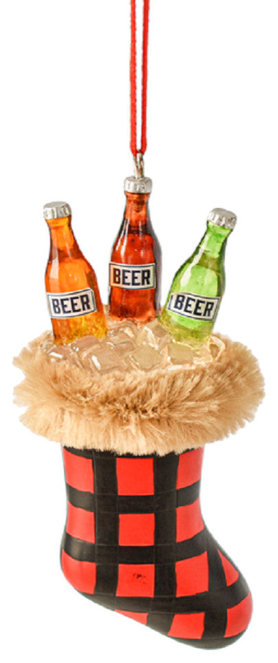Plaid Christmas Stocking Filled with Beer Holiday Ornament