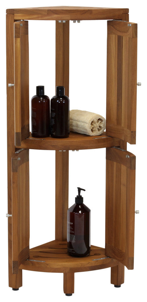 Kai Corner Teak Bath Shelf With Square Legs and Front Facing Doors