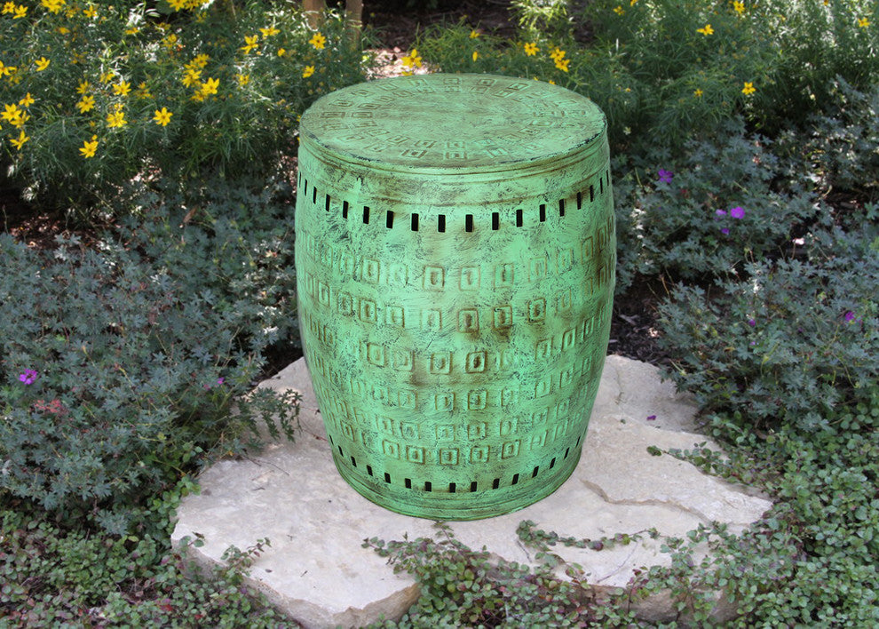 Saffron Fabs Hand Hammered 2-Piece Metal Stool, Green Verdigris