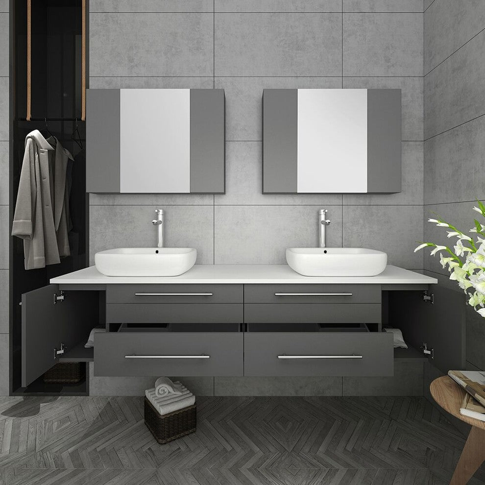 Fresca Lucera 72" Wall Hung Double Sink Bathroom Vanity With Medicine Cabinet