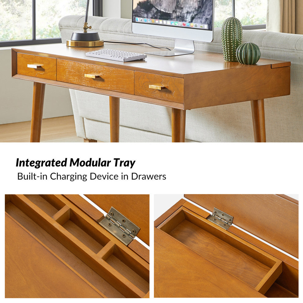 48" Mid Century Modern 3-Drawer Computer Desk With USB, Acorn