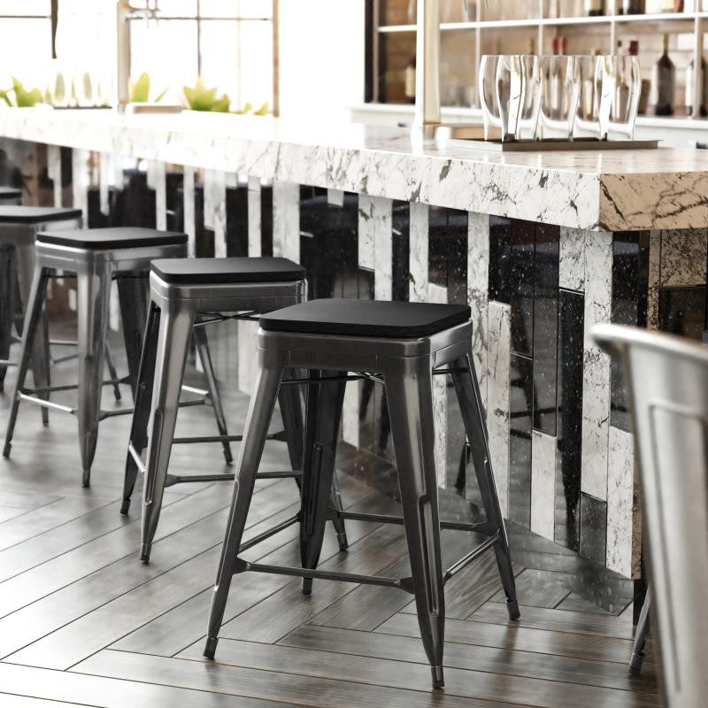 Cierra Set of 4 Commercial 24" High Backless Metal Indoor Counter Stools, Black/Black