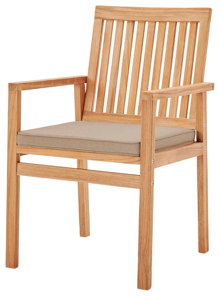 Side Dining Chair Armchair, Wood, Brown Natural Taupe Gray, Modern, Outdoor