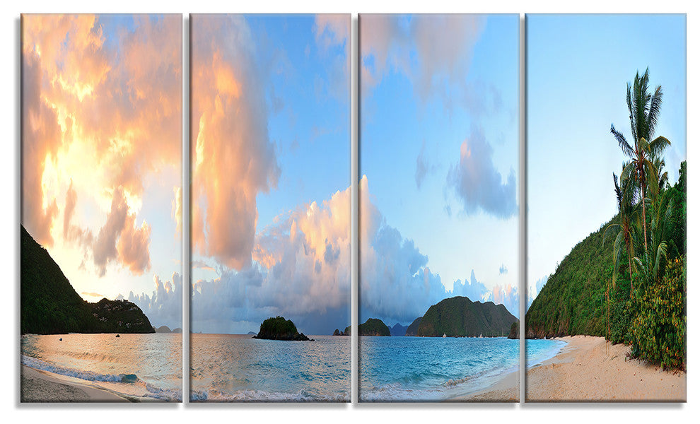"Beach Sunset With Clouds" Landscape Canvas Photo Print, 4 Panels, 48"x28"