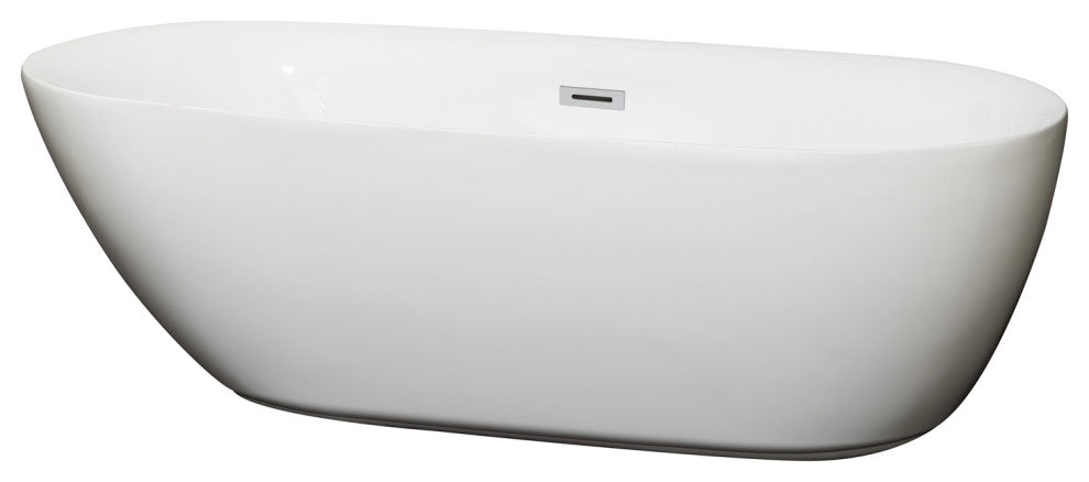 Melissa 71" Freestanding White Bathtub, Polished Chrome Drain and Overflow Trim
