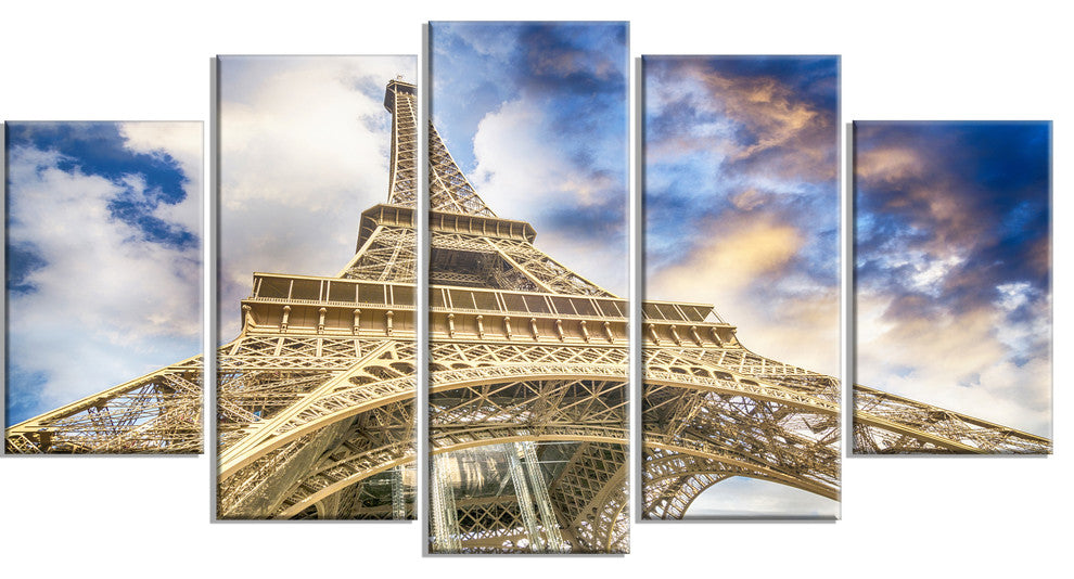 "Dramatic Sky Over Ground View Paris Eiffel Tower" Wall Art, 60"x32", 5-Panels