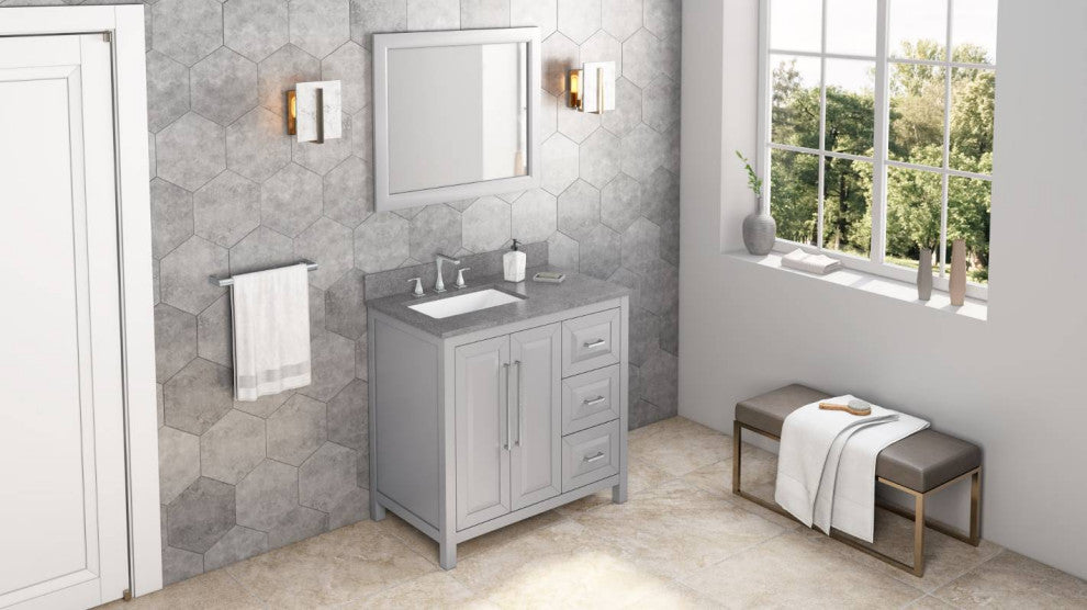 Cade Transitional 36" Grey Left Offset Sink Vanity, Steel Grey Cultured Marble V
