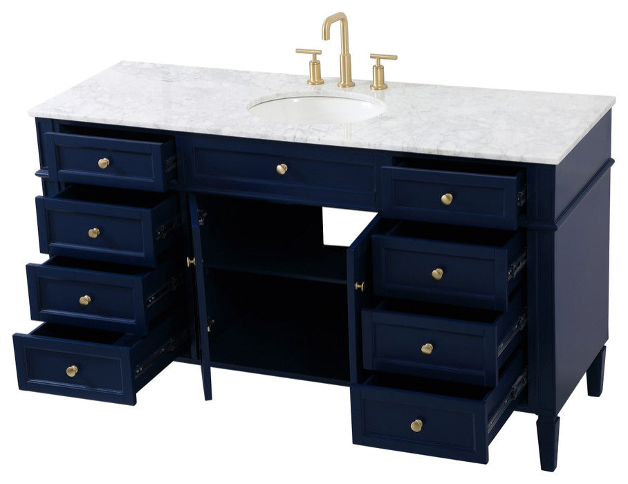 Home Living Vanity with Carrara White Marble Countertop, Blue, 60", Single Sink