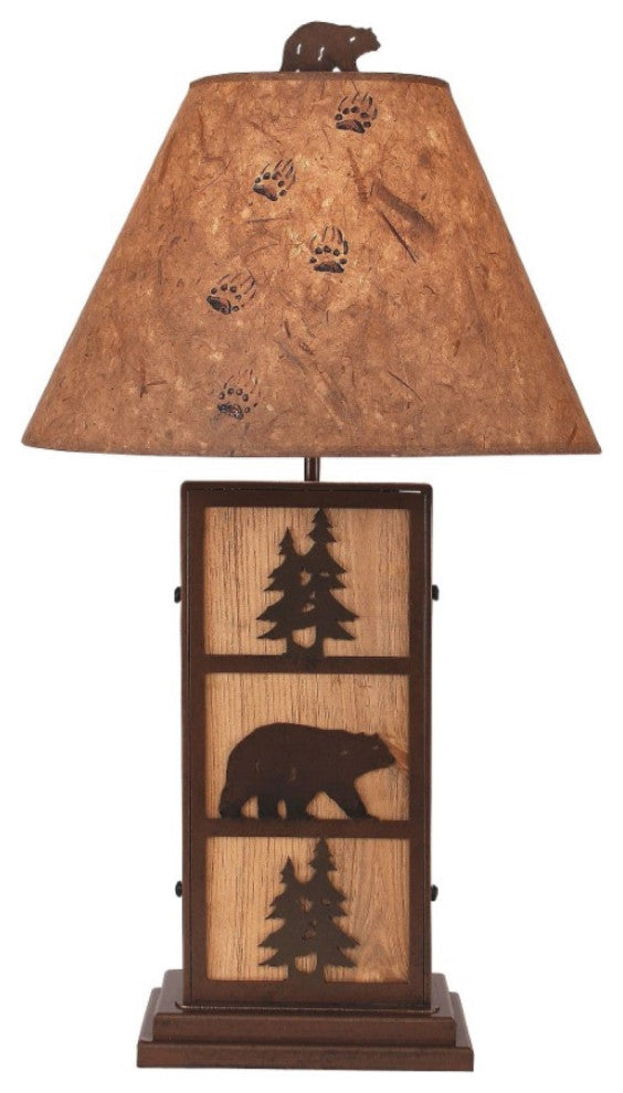 Woodland Iron and Stained Wood Table Lamp With Bear and Tree Accents