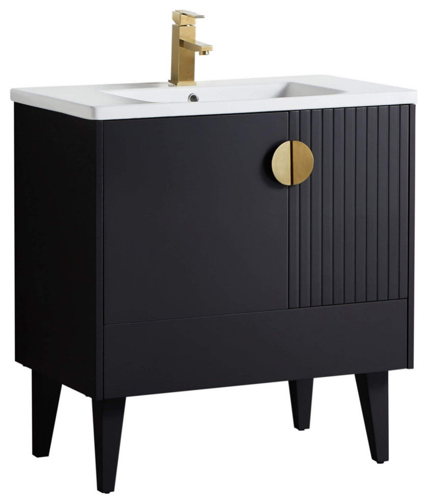 Venezian Single Bathroom Vanity, Black, 30", Satin Brass Handles, One Sink
