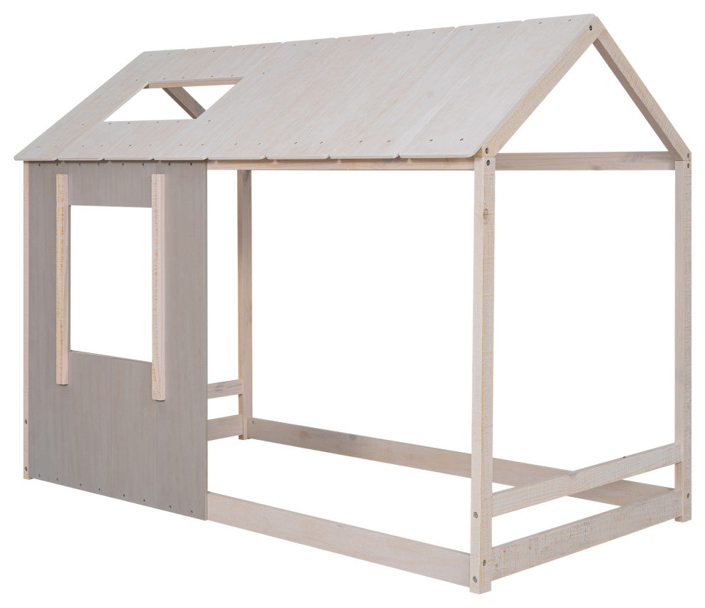 Gewnee Twin Size House Platform with Roof and Window , In Grey