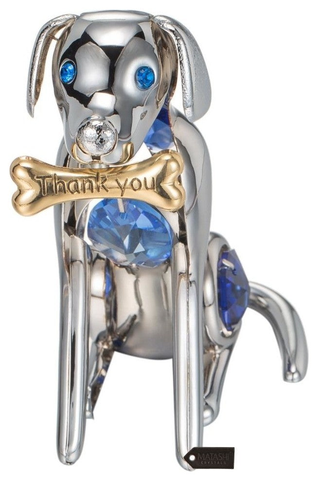 Chrome Plated Silver Dog and Bone With Blue Crystals