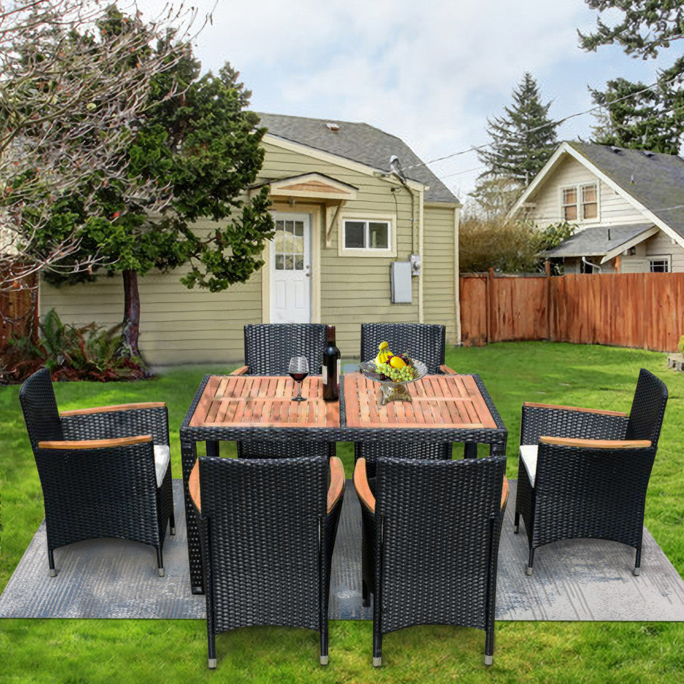 7 Pieces Outdoor Patio Wicker Furniture Dining Table Set With 6 Stools