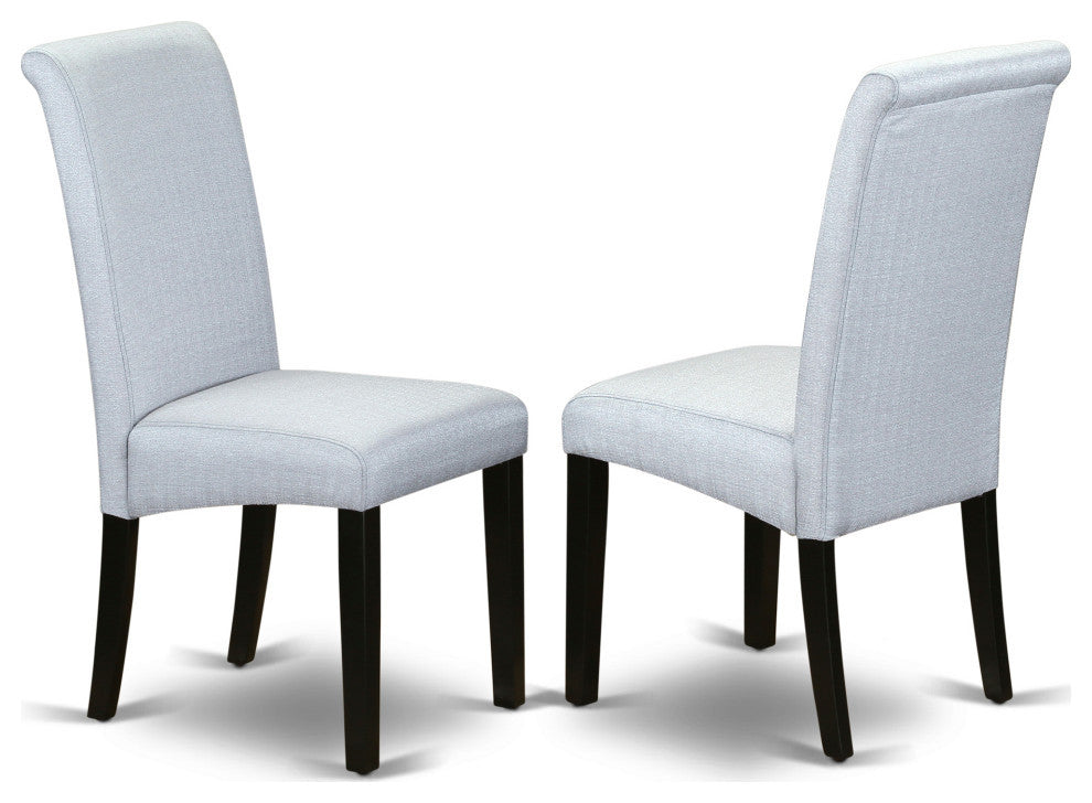 3Pc Small Round Table, Grayish Blue Fabric Kitchen Chairs, Black Chair Legs
