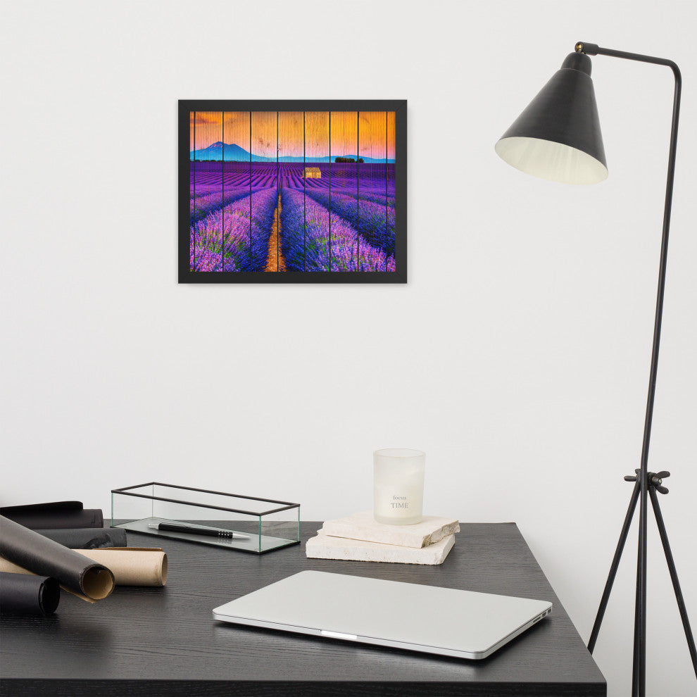 Faux Wood Lavender Fields and Sunset Landscape Framed Photo Paper Wall Art Print, Black, 11" X 14"