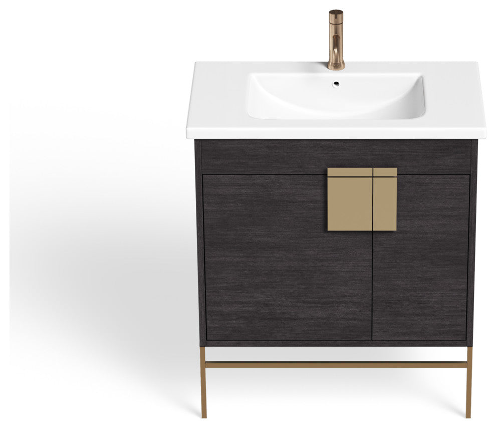 Lockhart Bath Vanity, Black Oak, 30", Satin Brass Hardware, Single Sink, Freestanding