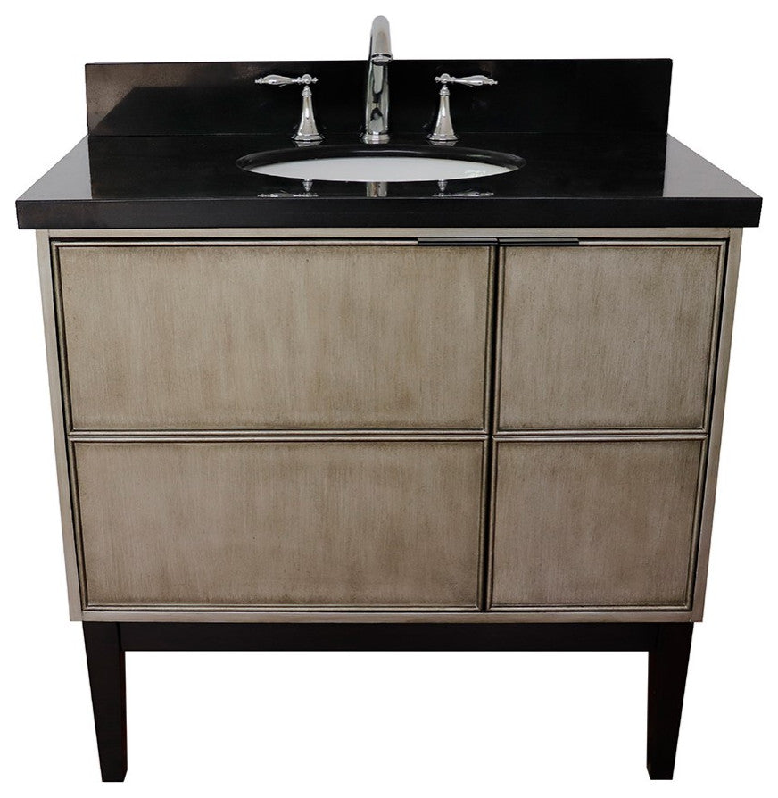 37" Single Vanity, Linen Brown Finish With Black Galaxy Top And Oval Sink
